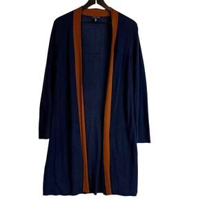 Eileen Fisher Tencel Silk Blend Long Open Cardigan Navy Blue Brown Trim - S